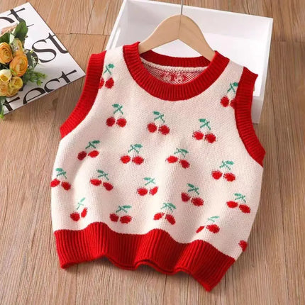 Baby Girls Vest Sweater Cute Print Children's Knitted Vest Sweater Outer Wear