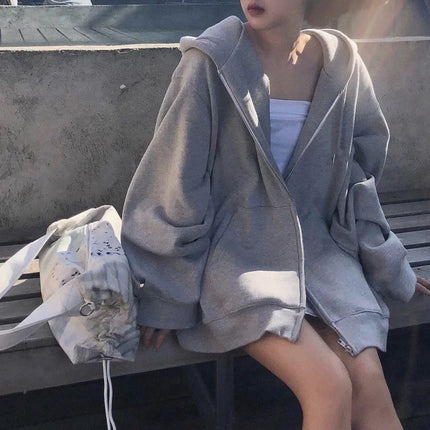 Grey Hooded Sweatshirt Women's Loose-fit Fleece-lined Casual Sports Jacket Spring Autumn Long Sleeve Zip-up Cardigan Top