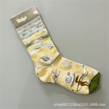 Bonne Maison French Small Batch Women's Fun Oil Painting Style Mid-Calf Cotton Dopaamine Colorful Socks Moisture Wicking Sweat