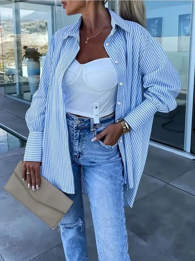 Women's Fashion Plus Size 1XL-5XL Summer Striped Top New Comfortable Casual Loose Long-sleeved Shirt