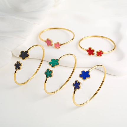 New Design Lucky Stainless Steel FIve Leaf Flower Bangle Ring Jewelry Set for Women Waterproof Fashion Jewelry Party Gift Clover