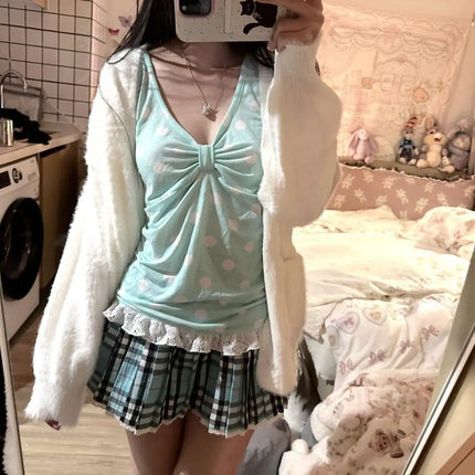 Mint Polka Dot V-Neck Strap Top Vintage Early Summer Cool Sweet Slim Fit Women's Outerwear Casual Summer Top