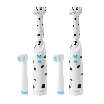Kids electric toothbrush, battery powered, baby spotted dog design, with dust cover, cartoon cat/lion, round head.