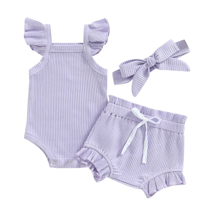 2021 Baby Summer Clothing Baby Girl Tops, Lace Up Pants Suit, Square Neck Short Ruffle Sleeve Romper, Loose Flouncing Shorts