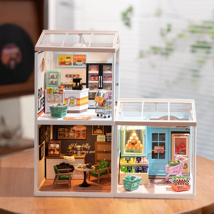 Robotime Mini Dollhouse DIY Miniature House Kit 1:20 Fruit Store Cafe Store Supply Store Kit with LED for Teens Adults