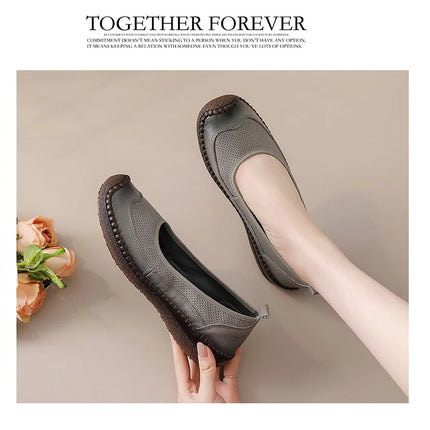 New Real Leather Perforated Ballet Flats Women's Massage Insole Slip On Moccasins Woman Hollow Loafer Casual Daily Shopping Shoe