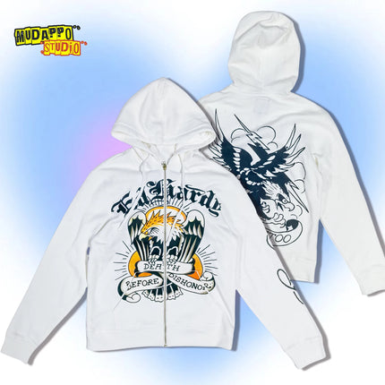 Retro American Rock Print Fleece Lined Hoodie Jacket for Women Punk Street Style Zipper Closure Long Sleeve Oversized Sweatshirt