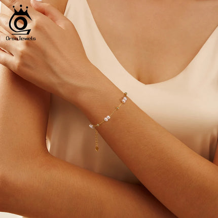 ORSA JEWELS 925 Sterling Silver Pearls Chain Bracelet Vinatge 14K Gold Pearl Beads Bracelet on Hand Female Party Jewelry GPB40