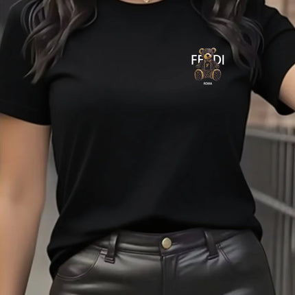 summer Graphic T-Shirt Short Sleeve Crew Neck with Soft Comfortable Spring Women's Light Blue Casual Teddy Bear