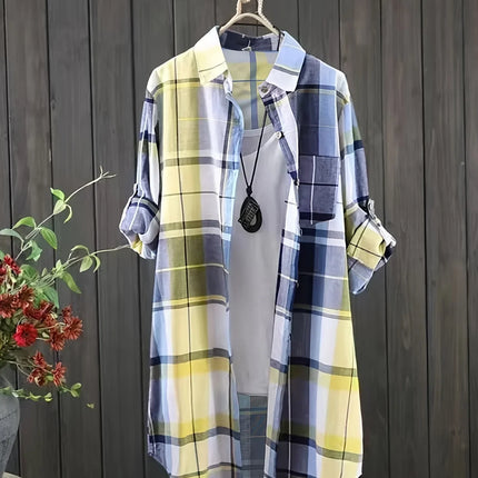 Plus Size Women's Shirt 2025 Korean Style of Casual Fashion Single-breasted Sunscreen Blouse Lapel Square Plaid Top Long Sleeve
