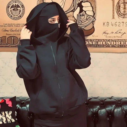 Men'sBalaclava Y2K Gothic Harajuku  Autumn Winter New Item Double Hooded Sweatshirt Homme Hooded Mask Zipper Sportswear