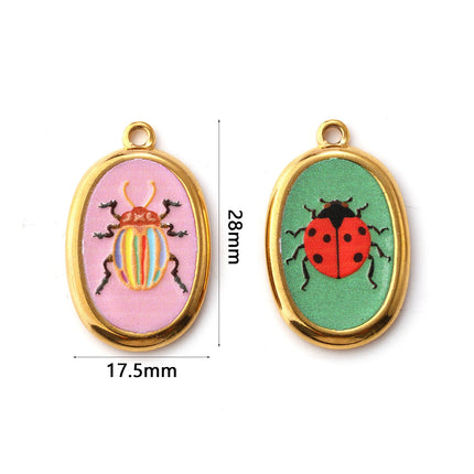 2 Pcs 304 Stainless Steel Insect Charms 18K Gold Plated Oval Printed Ladybug Beetle Pendants For DIY Necklace 28mm X 17.5mm