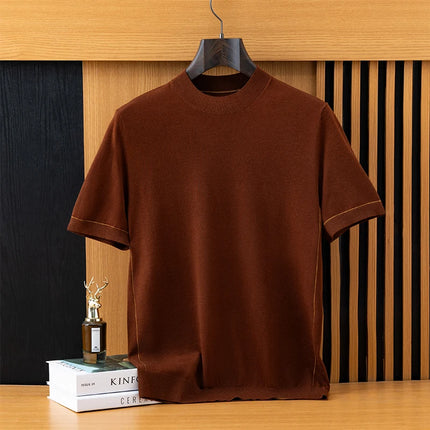 2026 Spring/Summer New Men's Short Sleeved 100% Wool T-Shirt Sweater O-neck Solid Color Loose Knit Pullover Business Casual Tops