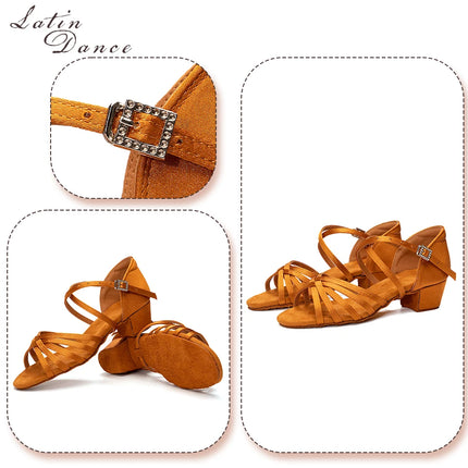 HROYL Girls Latin Dance Shoes Children Ballroom Tango Salsa Party Dancing Shoes Ladies Soft Sole Low Heels 3.5cm Training Shoes