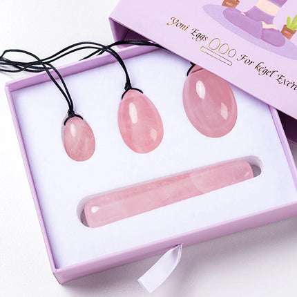 Pure Natural Rose Quartz Yoni Egg Vaginal Muscles Tightening Ball Women Kegel Exerciser Pink Crystal Egg Massage Ball and Wand