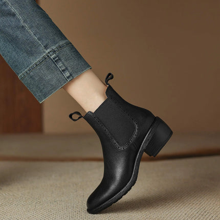 Krazing Pot Big Size 34-43 Cow Leather Round Toe High Heels Retro Modern Chelsea Boots Warm Winter Shoes Motorcycles Ankle Boots