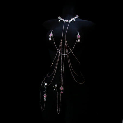Pink Gemstone Necklace Nipple Clamps Erotic Tassel Body Chain 5 Sizes of Butt Plugs Chest Stimulation Integrated BDSM Restraint