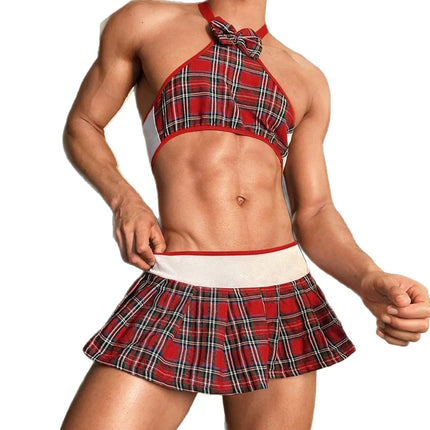 Sissy Lingerie Men's Sexy JK Uniform Gay Male Cosplay Student Plaid Vest Pleated Skirt Set Nightclub Stage Performance Outfits