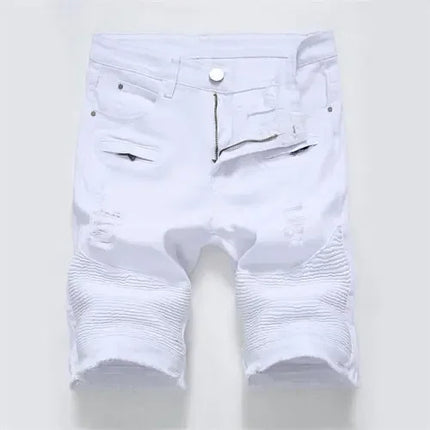 New Red Men's Jeans Shorts Pleats and Holes Decorated Shorts Men Blue White Black Blue Red Denim Shorts，Asian Size