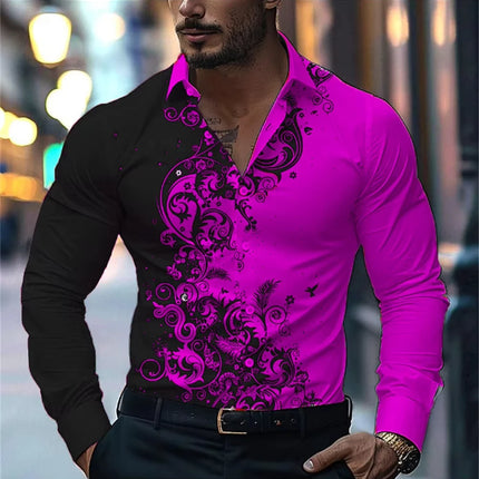 Men's Stylish Red Floral Print Dress Shirt - Casual Long Sleeve Button-Up Design Spring Fashion Shirt Floral Print Shirt