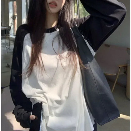 Casual Oversized T-Shirt Y2K Tops Harajuku Long Sleeve O-Neck T-Shirts Spring Autumn Black White Patchwork Tees Women Streetwear