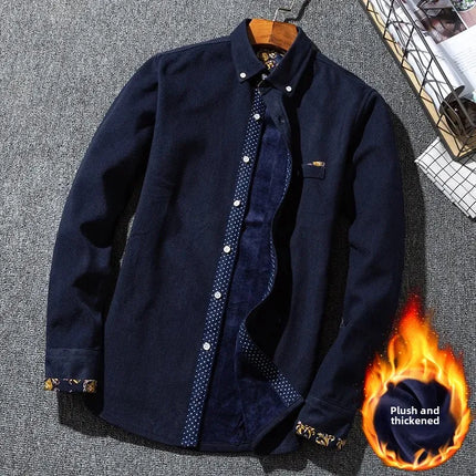 Winter Corduroy Warmshirt Men's Fleece-Lined Thickened Integrated Velvet Business Casual Versatile Shirt For Dad