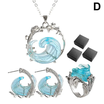 1/3PCS Ocean's Oath Wave Decorative Ring Necklace Earrings Jewelry Set For Women Gift Fashion Sky Blue Decoration Jewelry Gift