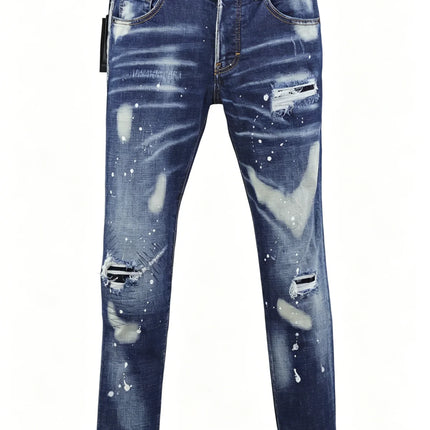 6058 Four Seasons New Men's Wash Grinding Hole Patch Paint Splash Ink Micro-bullet Leg Grey Jeans for Men
