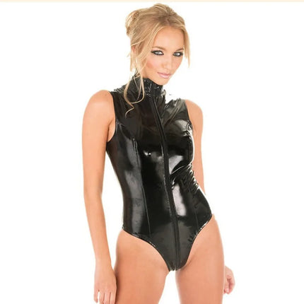 Latex Bodysuit High Cut Video Game Cosplay Costume Slim Fit Black Leather Fetish Wear Seductive Power Suit for Women Role Play