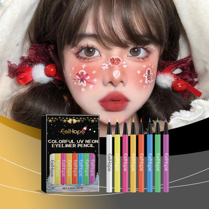 8 Color Christmas Neon UV Luminous Eyeliner Pen Set Glitter Makeup Eye Liner Pencil Tool Waterproof Sweatproof Body Face Makeup
