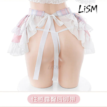 LISM Cute Pink Lolita Maid Costume Sweet Anime Bear Embroidery Lingerie Set for Cosplay Role Play