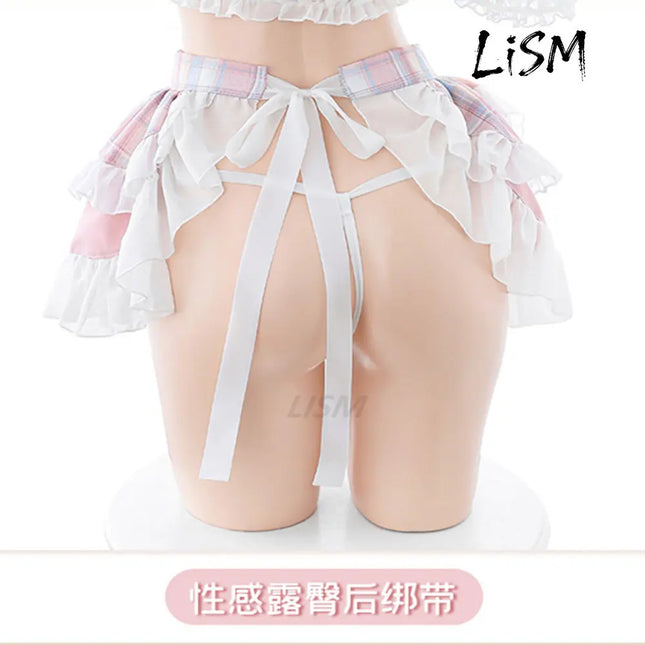 LISM Cute Pink Lolita Maid Costume Sweet Anime Bear Embroidery Lingerie Set for Cosplay Role Play