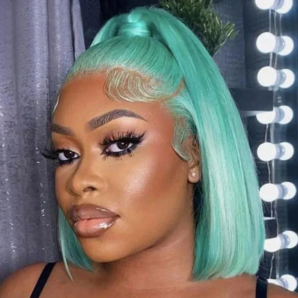 14inch Mint Green Short Bob Straight Hair Wig 13x4 HD Lace Frontal Synthetic  Preplucked  for Women drag queen