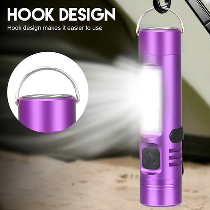 Powerful Mini COB LED Keychain Flashlight USB C Rechargeable Hanging Work Light Waterproof Keyring Camping Walking Pocket Lamp