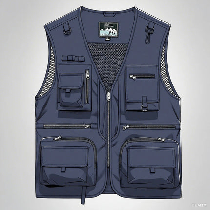 Summer Men's Casual Vest Solid Color Multi-pocket Mesh Patchwork Breathable Sleeveless Vest Camping Fishing Photography Vest Top