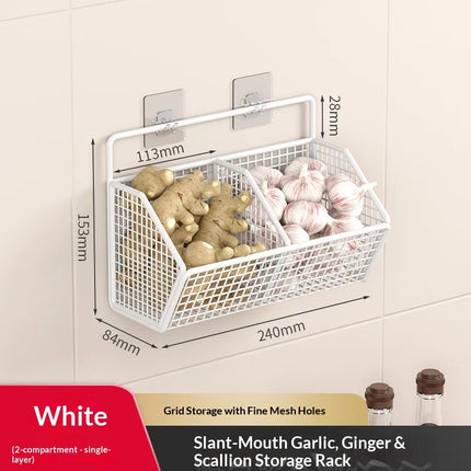 Wall Mounted Storage Basket No Drilling Hanging Basket for Ginger Garlic Kitchen Condiment Organizer Household Storage Rack