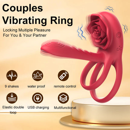 Remote Control Vibrating Cock Ring Penis Sleeve with Rose Clitoral Stimulator Penis Ring Vibrator Adult Sex Toys for Men Women