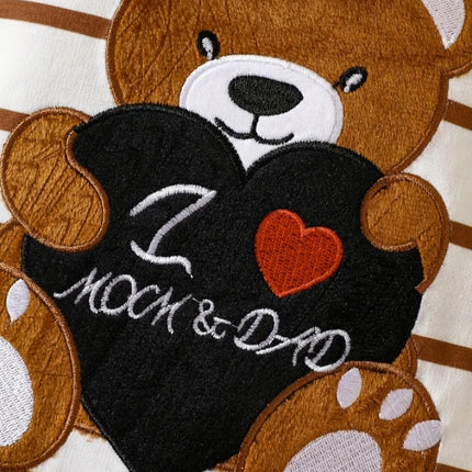 "Korean-Style Baby Romper | Brown & White Striped Onesie with Bear-Holding-Heart Embroidery - 'I Love Mom & Dad' Themed"