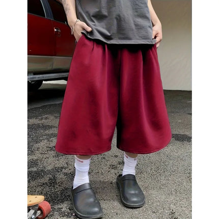 Men Solid Color Casual Capri Shorts Loose Wide Leg Baggy Mid Length Streetwear Daily Sports Pants