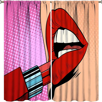 Lips Curtains, Retro Comic Pop Art Girl Applying Red Lipstick Makeup Concept Halftone Background Blackout Rod Pocket Curtains