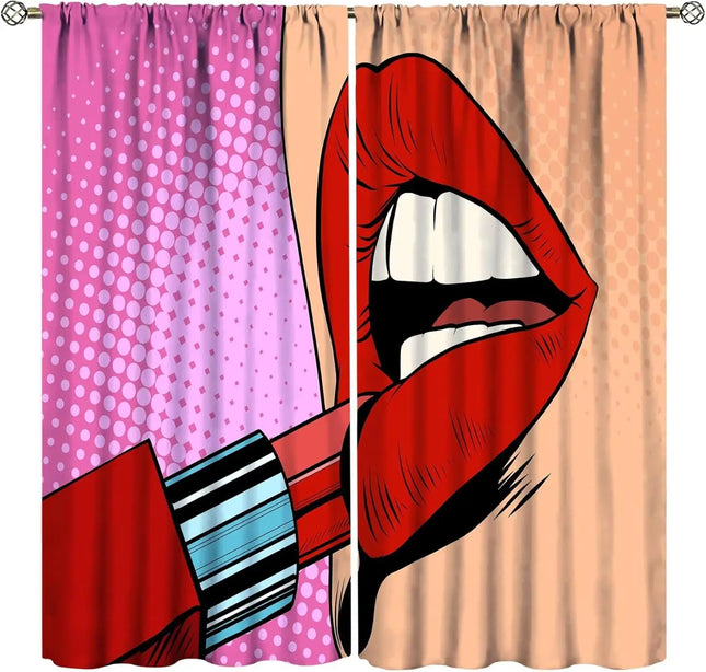 Lips Curtains, Retro Comic Pop Art Girl Applying Red Lipstick Makeup Concept Halftone Background Blackout Rod Pocket Curtains