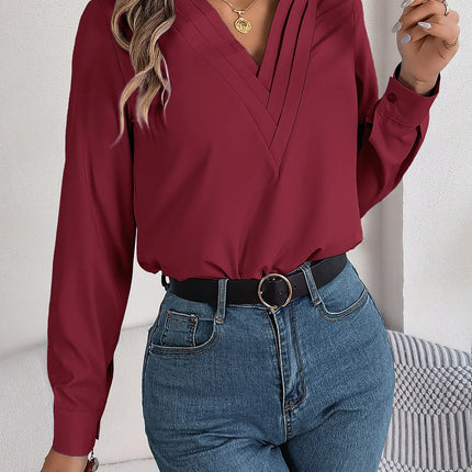 VigoCasey 2025 Spring White Long Sleeve T-shirt Elegant Women V Neck Solid Shirt Top Autumn Office Lady Pullover Tops Clothing