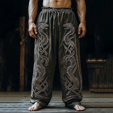 Men's Retro Viking Celtic Knot and Snake 3D Printed Casual Drawstring Straight-Leg Summer Beach Pants