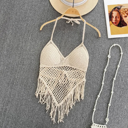 Knitted Tassels Hollow Out Tank Camis for Women Bohemian Style Halter Sleeveless Sexy Femme Corset Crop Tops Beach Tank Camisoles