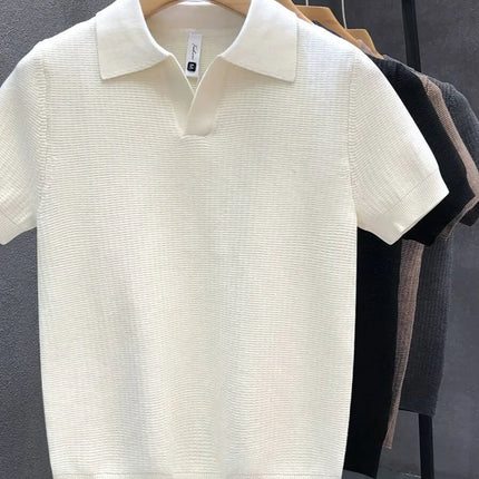 Men's Polo Neck Short Sleeve Knitted Sweater Slim Fit Summer Fashion Turn-down Collar Base Shirt Casual Style Pure Color