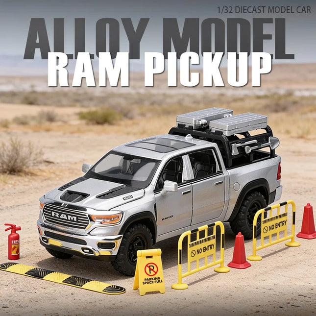1/32 Dodge RAM 1500 Pickup Toy Car Miniature Diecast Metal Off Road Vehicle Model Pull Back Sound Light Collection Gift Boy