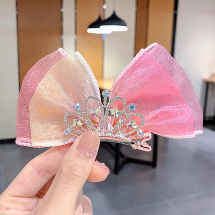 Pastel Rainbow Hair Bows Gradient Color Princess Crown Hair Clips Standing Bowknot Hairpin Kids Barrette Korean Hair Accessories