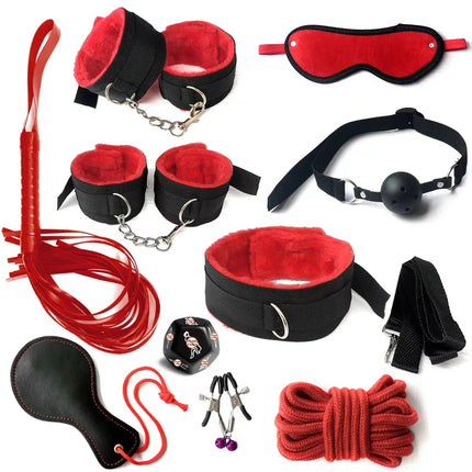 10PCS BDSM Bondage Set Restraint System Handcuffs Ankle Cuffs Collar Whip Ball Gag Cotton Rope Nipple Clamps Adult Sex Toy Kit
