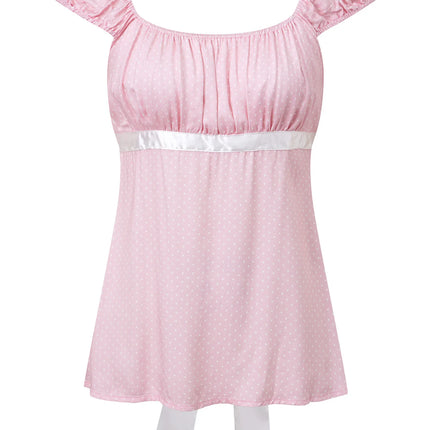 Women Summer Fairy Grunge Y2k Babydoll Shirts Cap Sleeve Micro Polka Dot Tie Back Flowy Slim T-shirts Tops Preppy Clothes