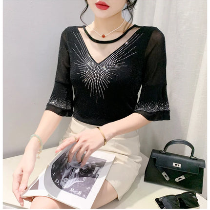 2025 Spring Summer Mesh Tops Korean Fashion Diamond T Shirt Slim 3/4 Sleeve Hollow Out Casual Women Shirt